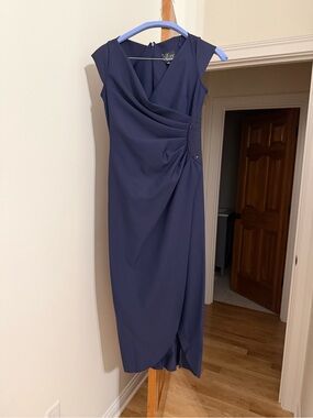 Alex Evenings Navy Draped Cap-Sleeve Sheath Dress